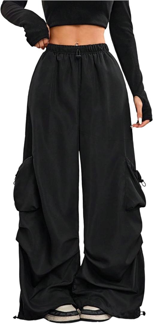 GORGLITTER Women's Parachute Baggy Cargo Pants Wide Leg Low Waisted Oversized Loose Drawstring Pants with Pockets (Medium, Black)