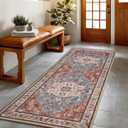 Runner Rug 26, Machine Washable Non-Slip Vintage Area Rug, Low Pile, Indoor Carpet Printed Floral Rugs for Living Room, Entryway, Kitchen, Bedroom, Rust Brown