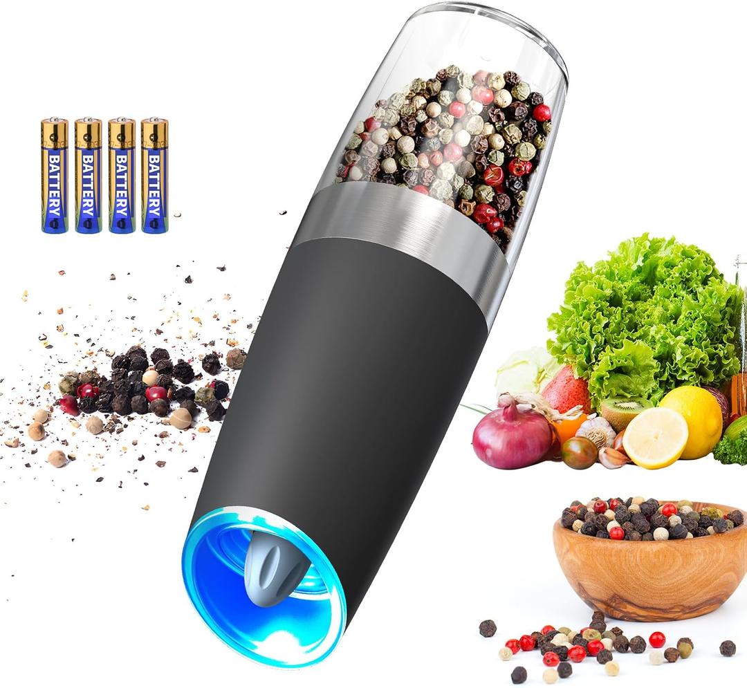 CIRCLE JOY Gravity Electric Pepper Grinder Salt Grinder Pepper Griner Mill Electric with LED Light, Battery Operated, Adjustable Coarseness, Washable 135ml Container