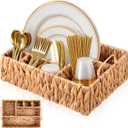 LemonRoad Wicker Utensil Caddy 6 Compartments Water Hyacinth Large Silverware Caddy with Handles Cutlery Basket Napkin Holder Boho Woven Flatware Organizer for Party Picnic Kitchen Countertop Hosting