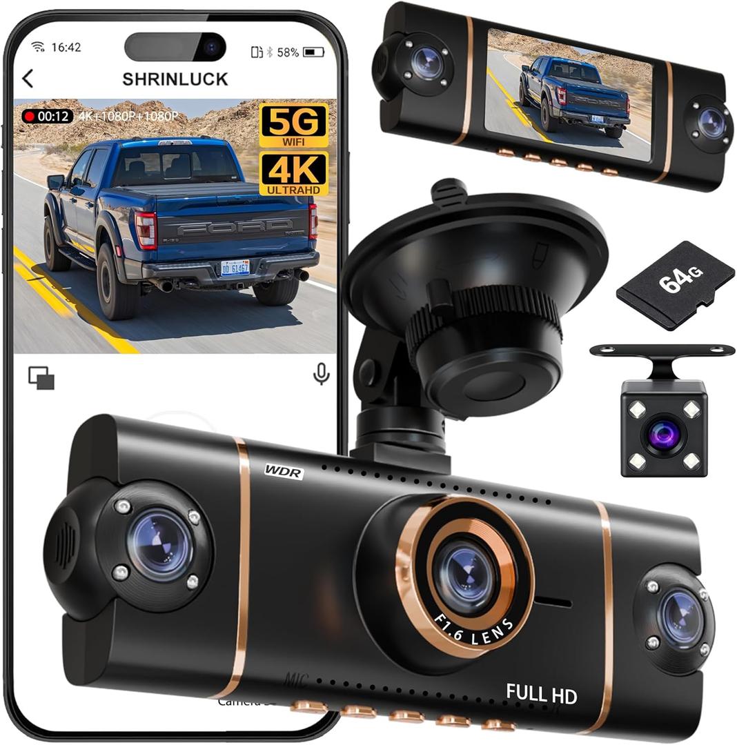 360 4-Channel Dash Cam 4K+1080P*3 FHD, Front Rear Inside Left Right Car Camera, 5GHz WiFi App Control, 8 IR Lamps Night Vision, 24H Parking Mode, G-Sensor, Loop Recording, 64GB SD Card Included