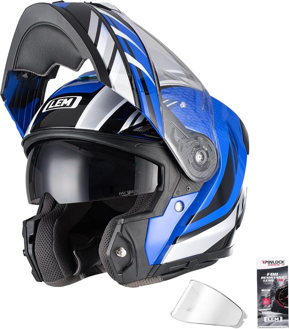 LEM Modular Motorcycle Helmets Fiberglass, Full Face Motorcycle Helmet Flip Up for Touring, DOT Certified, Release Sun Visor & Removable Comfort Liner, Lightweight Street Bike Helmet (Blue, M)