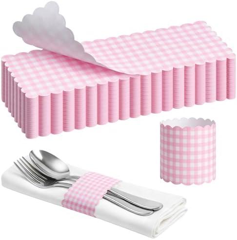 FoldTier 300 Pcs Pink and White Plaid Paper Napkin Rings Self Adhesive Pink Gingham Disposable Napkin Bands Silverware Wrap Band for Baby Shower Birthday Wedding Event Party Table Setting Decoration