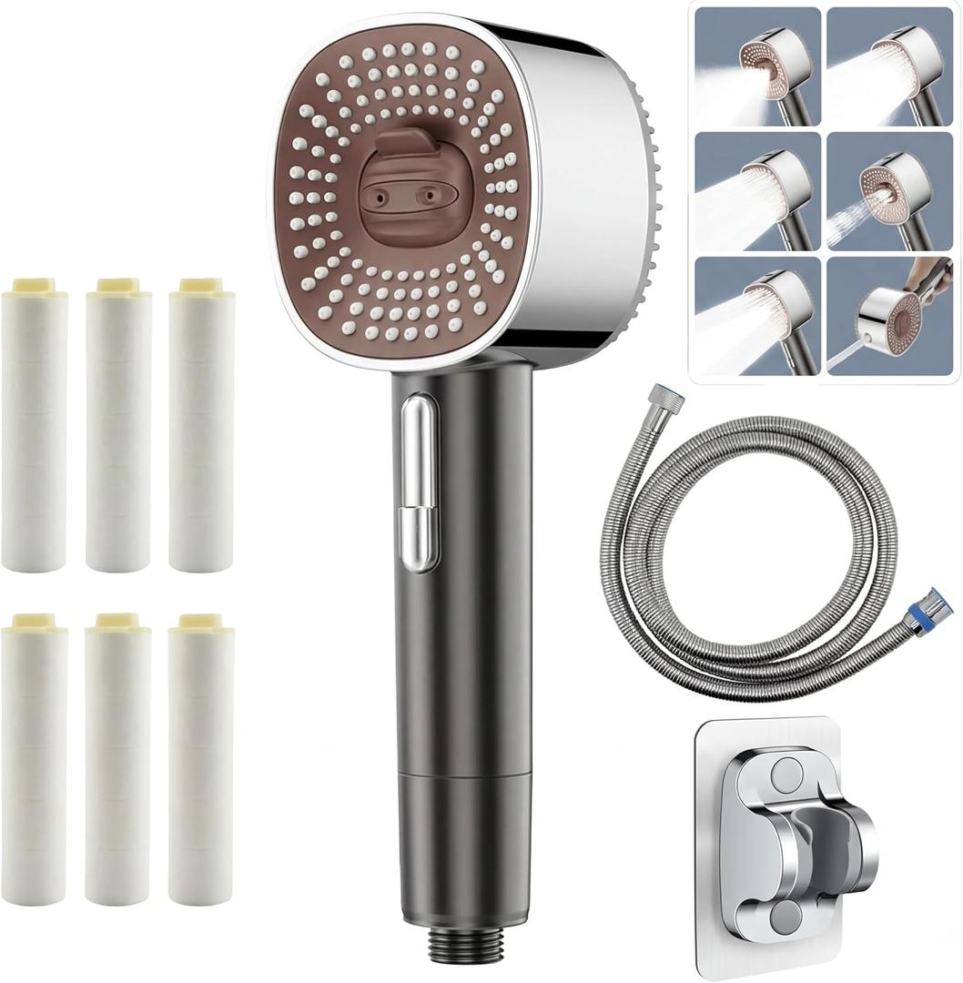 2026 High Pressure Handheld Shower Head with 6 Spray Modes - Detachable Showerhead with 5 Replaceable Filters for Hard Water | Includes 59" Anti-Burst Hose
