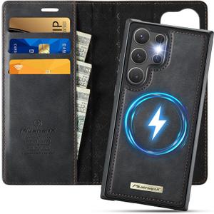 Wallet Case for Samsung Galaxy S25 Ultra Compatible with Magsafe, 2-in-1 PU Leather Flip RFID Blocking Card Holder Stand Shockproof Magnetic Detachable Cover for Galaxy S25 Ultra Case, Black