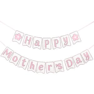 Happy Mothers Day Banner - Pre-assembled Mothers Day Decorations for Party, Mother's Day Best Mom Ever Flower Sign Bunting Garland for Home Fireplace Wall Office Photo Props Pink