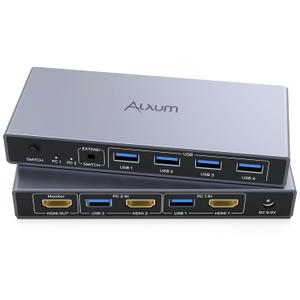 Alxum 2 in 1 Out USB A HDMI KVM Switch-2 Computers 1 Monitor, Two Mode Switching, 4K@60Hz, 5Gbps High-Speed Transmission, 4 USB A for Two Computers Sharing One Monitor, DC5V Adapter and Desktop Controller