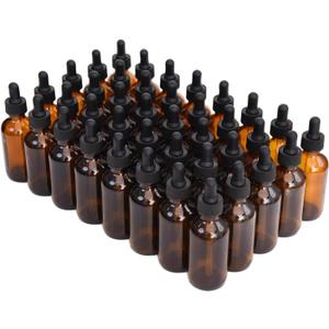 June Fox 2oz Glass Dropper Bottle, 40 Pack Amber Glass Bottles with Glass Droppers and Black cap for Essential Oils, Lab Chemicals, Perfumes
