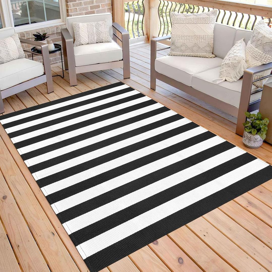 KOZYFLY Black and White Striped Outdoor Rug 5x7 Ft Area Rug Washable Indoor Outdoor Rug Cotton Striped Rugs for Living Room Farmhouse Large Floor Carpet for Bedroom Living Room Patio