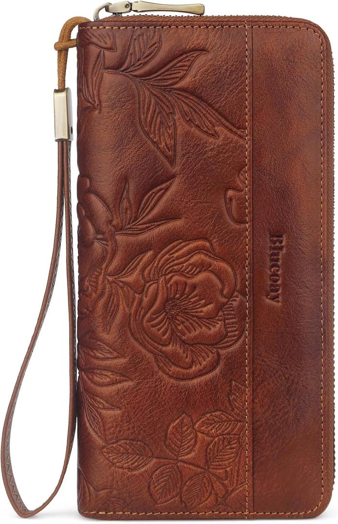 Real Leather Womens Wallet,RFID Blocking Long Wallet For Women Large Capacity Embossed Flowers Wallet Wristlet With Card Holder Zip Coin Pocket(embossed brown)