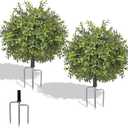 EREAL 24'' Artificial Boxwood Topiary 2 Pack, UV Resistant Outdoor Faux Boxwood Ball Tree with Metal Ground Spikes, No Maintenance Artificial Plants for Front Door, Porch, Entryway, Garden Decor