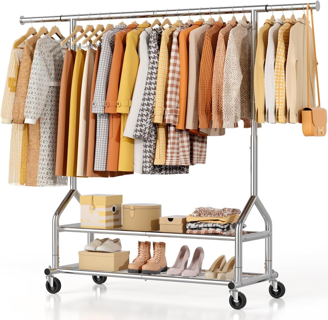 EAGMAK Heavy Duty Clothes Rack Load 556 LBS, Rolling Clothing Rack With Shelves, Height Adjustable Metal Clothes Hanger with Wheels Portable Wardrobe Organizer Garment Rod for Hanging Clothes (Silver)