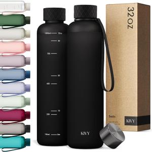 KIVY Slim Water Bottle 32oz [Lightweight & Shatterproof] Fits Backpack & Cupholder for Travel, Sports, School, Gym - Black water bottle no straw - Mens water bottle screw top - Dishwasher Safe