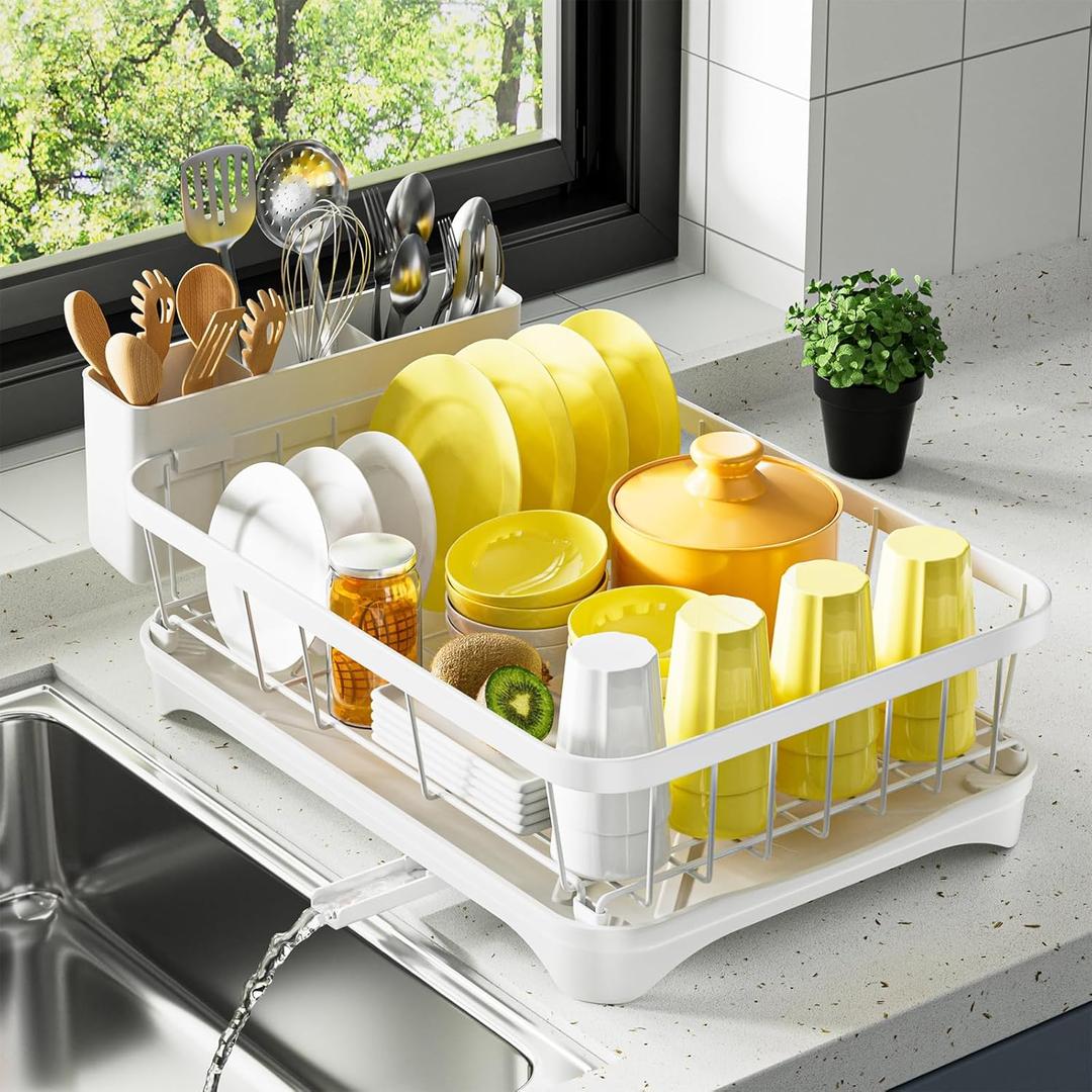 Dish Drying Rack Single Layer with Utensil Holder, Adjustable Spout Auto-Draining Dish Rack for Kitchen Counter, Large Capacity for Plates, Bowls, Cups, Dish Drainer with Drainboard,White (One Tier - White)
