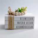 Dazingart Islamic Wooden Book Stack, Bismillah MashaAllah Alhamdulillah, Farmhouse Eid Ramadan Tiered Tray Decor, White Mini Stacked Books with Wood Bead Tassels