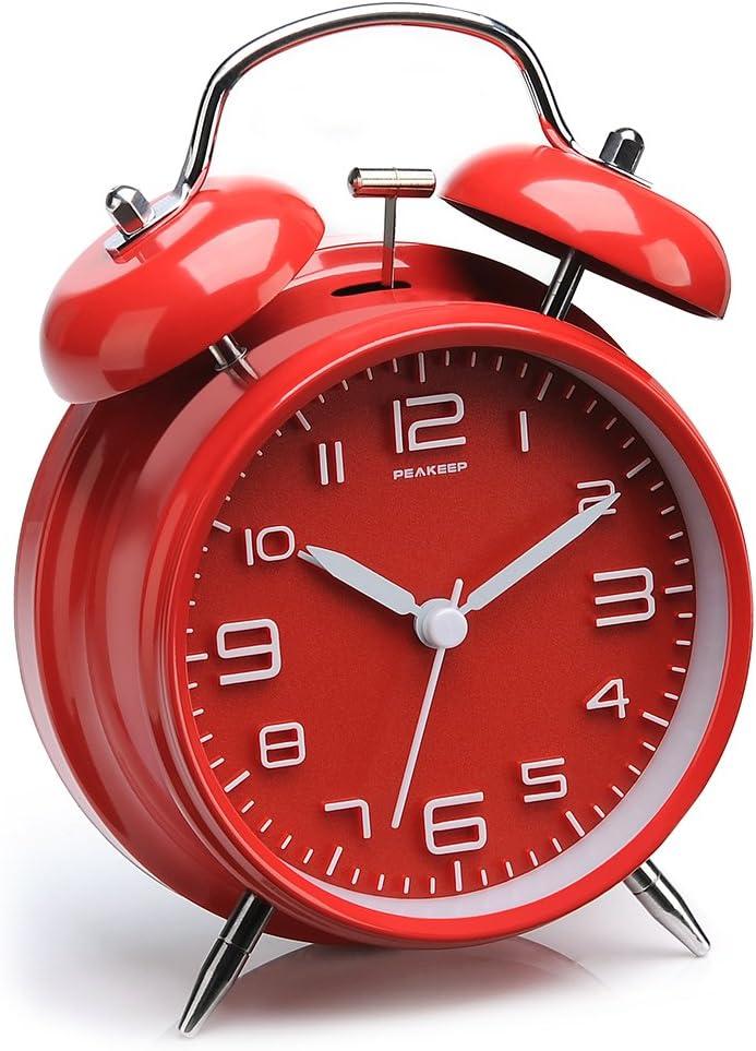 Peakeep 4.5 Inches Twin Bell Loud Alarm Clock for Heavy Sleerpers, Backlight, Battery Operated Old Fashioned Alarm Clock for Bedrooms (3D-Dial, Red)