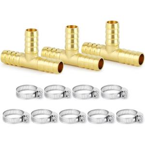 ChillWaves Brass Hose Barb Fittings, Tee 3 way Union Intersection/Splitter Fitting 5/8" Barb x 5/8" Barb x 5/8" Barb with Hose Clamp For Water/Fuel/Air(3-PACK)