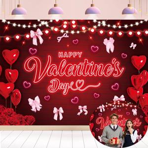 Happy Valentine's Day Backdrop 7x5FT Red Rose Flowers Bow Love Heart Balloon Photography Background Valentines Theme Party Decorations Photo Props