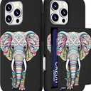 Compatible with iPhone 16 Promax Case Cute with Card Holder Shockproof Slim Slot Pro Max Phone Wallet Cover for Women/African Elephant Design Animal Ethnic Stylized Pink