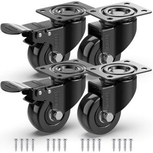 GBL Heavy Duty Castor Wheels Set of 4 with Brakes + Screws - 50mm - 200 kg Load - No Floor Marks Caster Wheel for Moving Furniture - Rubbered Swivel Trolley Wheels for Trolley