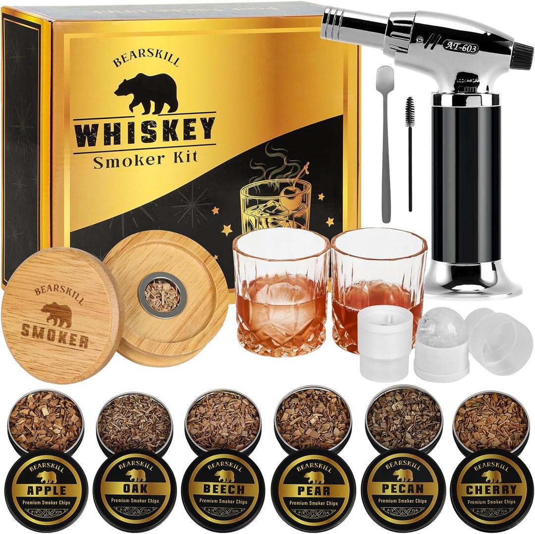 Whiskey Smoker Kit with Torch - 6 Natural Wood Chips Flavors, 2 Glasses, 2 Ice Molds - Cocktail Smoker Infuser Kit, Old Fashioned Smoker Kit, Birthday Bourbon Whiskey Gifts for Men, Dad(No Butane)
