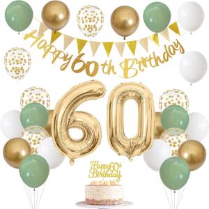60th Birthday Decorations for Men Women, Sage Green White Gold Balloons With Happy 60th Banner, Cake Topper, Number 60 Foil Balloon for 60 Year Old Party Decoration