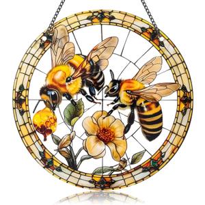 2 x Bee Window Hangings Decor - Acrylic Sun Catcher Ornaments with Hook & Chain,Art SunCatcher Pendant for Gifts Indoor Outdoor Home Wall Living Room Spring Summer Decoration (Double Bee)