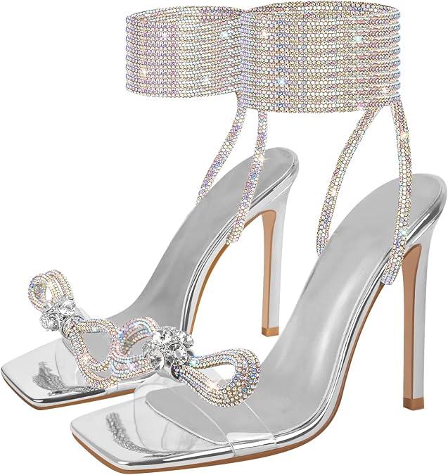MissHeel Rhinestone Lace Up Heels with Diamante Bow 9