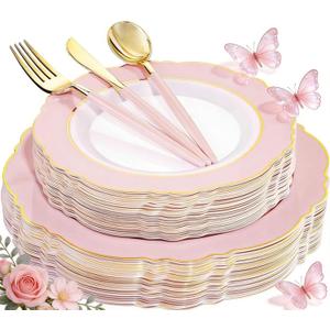 WDF 30Guest Pink Plates Disposable - Hign-end Baroque Design - Gold Plastic Silverware with Handle-Baroque Pink &Gold Plastic Dinnerware for Baby Shower/Wedding/Spring/Mother's Day