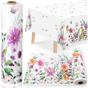 Pickmesh Wildflower Tablecloth Roll 100 ft x 52 Inch Vintage Floral Plastic Table Cover Roll Wildflower Party Dinner Decorations Disposable Plastic Tablecloth for Wedding Birthday Home Tea Party