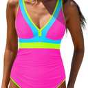 popvil One Piece Swimsuit Women 2025 Tummy Control Neon Color Block Bathing Suit Deep Vneck Tie Back Swim Suits Beach (Large, Rose Red-1)
