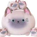 SQEQE Siamese Cat Plush, Cute Stuffed Animals Mommy with 4 Squishy Kitties, Soft Plush Pillow Gifts for Kids