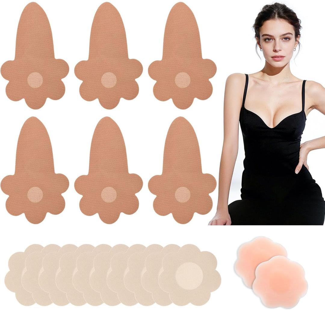 Boob Tape for Breast Lift: 3 Pairs Invisible Sticky Boobytape for Push Up & 6 Pairs Nipple Covers - Women A-H Cup (Beige)