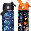 14oz Kids Insulated Water Bottle with Straw Lid - 18/8 Stainless Steel Kid Cup Travel Tumbler Double Wall Vacuum Leak Proof Portable Toddler Water Bottle (Game + Space) (14 Ounces)