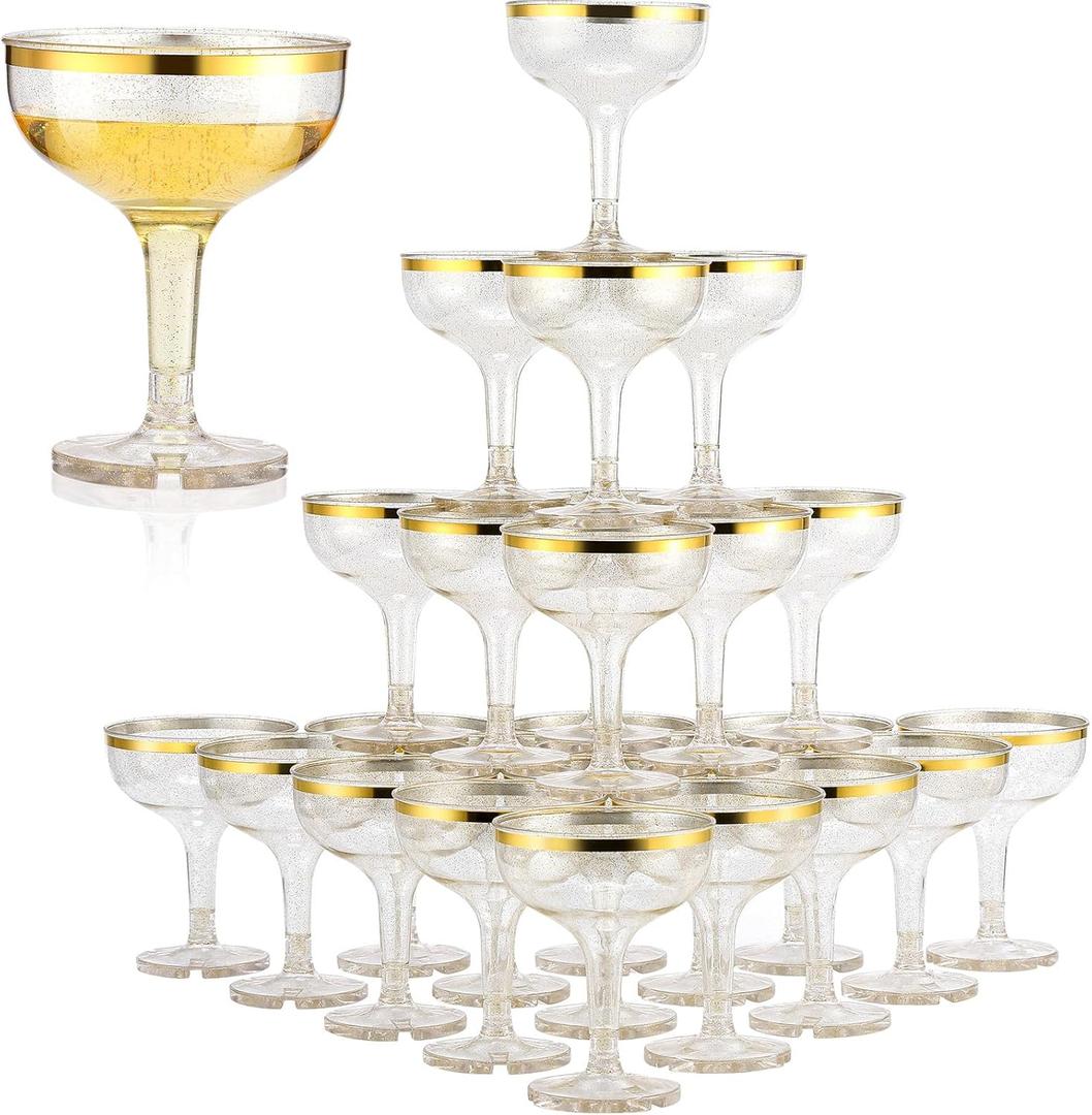 Zopeal 50 Pcs Plastic Champagne Glasses 5 oz Plastic Coupe Disposable Cocktail Cup for Wedding Party Birthday Anniversary Stackable Reusable Martini Glasses (Gold Rim,Gold Glitter)