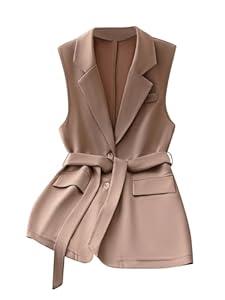 Floerns Women's Elegant Sleeveless Vest Blazer Button Lapel Collar Work Jacket Coat Khaki Medium