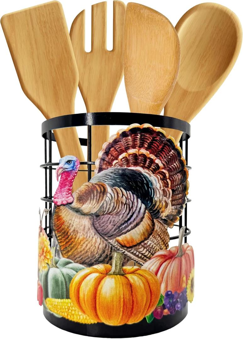 Thanksgiving Turkey Utensil Holder, Thanksgiving Turkey Pumpkin Kitchen Decor Utensil Organizer for Countertop, Fall Metal Cooking Tools Farmhouse Counter Decor, Kitchen Gifts Utensil Caddy Harvest