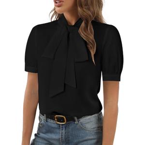 Rooscier Women's Bow Tie Neck Short Sleeve Dressy Blouse Elegant Business Casual Shirt Top, L