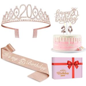 20th Birthday Decorations for Women Including Sash, Crown, Cake Topper and Candles, 20th Birthday Gifts for Women, Rose Gold Party Favor Supplies