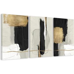 DUWQU 3 Pieces Black and Gold Abstract Canvas Wall Art, Modern Black Gold and White Wall Decor, Minimalist Grey Beige Block Art Prints for Living Room Bedroom Office Home Decorations 1624 Inches