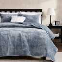 WDCOZY Velvet Twin Size Quilt Set - Blue Striped Pick Stitch Soft Lightweight Bedspread, Channel Farmhouse Country Rustic Coverlet, Modern Bedding Warm Thin Comforter, 3 Pieces