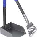 Heeyoo Dog Pooper Scooper, Dog Poop Tray and Rake Set, Pet Waste Removal Scoop with Long Adjustable Sectional Stainless Handles (Black/Blue)