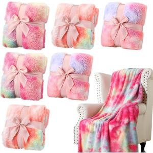 Buryeah 6 Pcs Sleepover Blankets Tie Dye Rainbow Coquette Pink Bow Faux Fur Blanket Microfiber Cozy Throw for Sleeping Slumber Sleepover Movie Night Party Gifts,40"x60"(Rainbow)