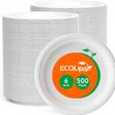 ECOLipak 6 Inch Disposable Compostable Small Paper Plates, 500 Pack Recycled Sugarcane Bagasse Biodegradable Heavy Duty Mini Dinner Appetizer Cake Dessert Plates for Party(White)