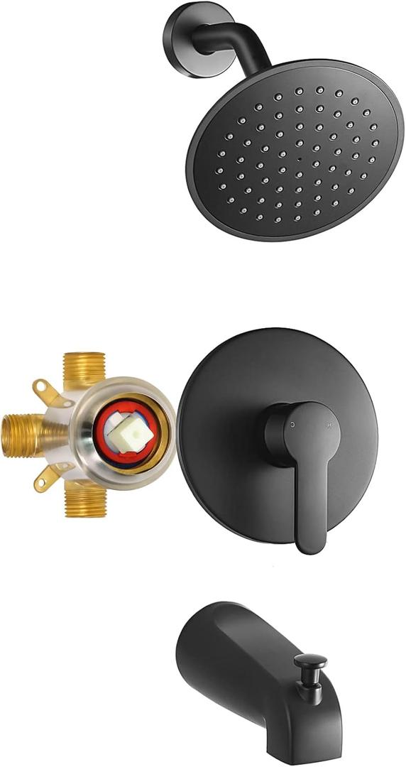 Vantency Black Tub Shower Faucet Set with Valve, Black Shower Head and Handle Set with 6 Inch Rain Shower, Tub and Shower Faucet Combo
