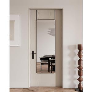 14"x48" Full Length Over The Door Mirror, Aluminum Alloy Frame Full Body Mirror with Height-Adjustable Hangers, Hanging Leaning Against Wall for Dorm Bathroom, Bedroom, Entryway Decor(Black)