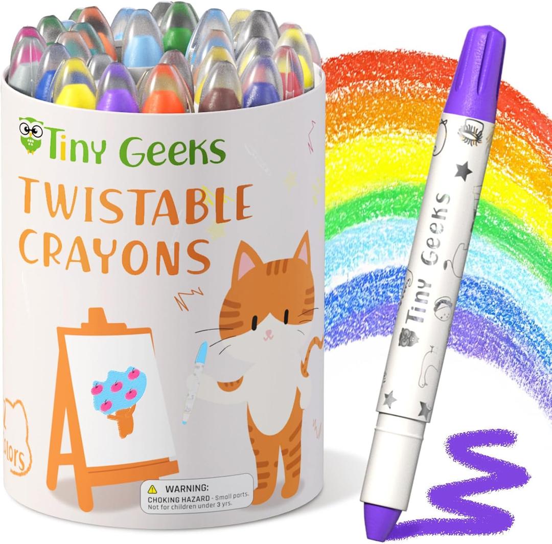 TinyGeeks 24 Twistable Crayons - Non Toxic, Washable Crayons for Toddlers, Kids Ages 3-8 - Easy To Hold - Perfect Coloring Gift for Boys and Girls - Unleash Colorful Fun (24 Count (Pack of 1))
