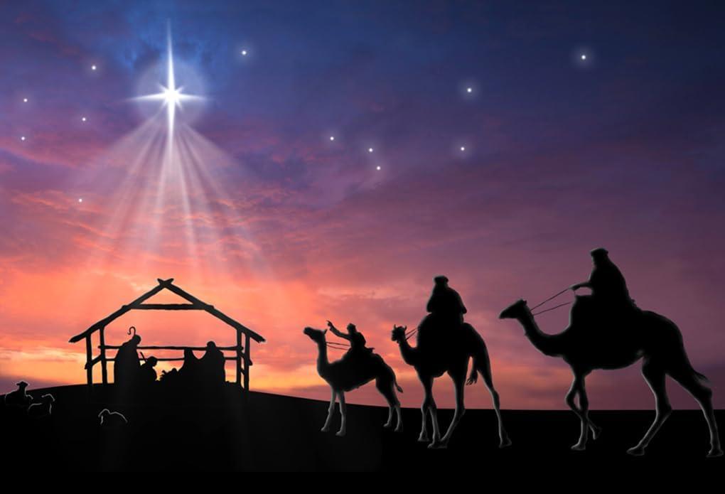 AOFOTO 10x7ft Christmas Nativity Scene Backdrop Shiny Night Star Birth of Jesus Christ Desert Camels Stable Manger Background for Photography Religion Church Decor Wallpaper Photo Studio Props