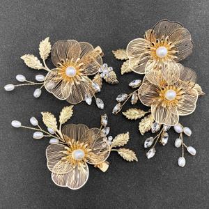 Bridal Gold Hair Clips Crystal Pearl Gold Metal Flower Leaf Hair Pieces Accessories for Wedding (Pack of 3)