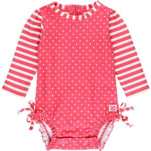 RuffleButts Baby Girls UPF 50+ Sun Protection Gingham Printed Long Sleeve One Piece Rash Guard Swimsuit with Zipper (2T, Hot Pink Heart)